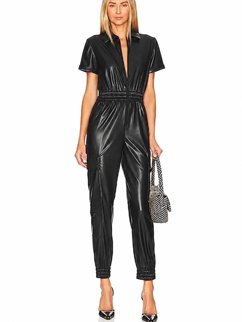 NWOT Alice + Olivia Black Faux-Leather Utility Jumpsuit
